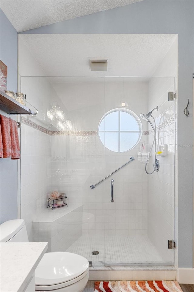 bathroom with vanity, toilet, and walk in shower