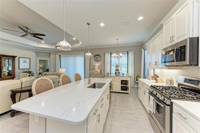 kitchen with sink, appliances with stainless steel finishes, an island with sink, white cabinets, and a raised ceiling