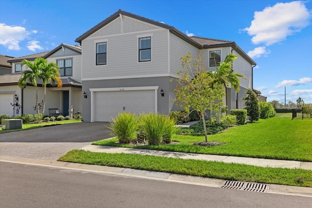 view of front of property with cooling unit, a garage, and a front lawn