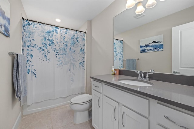 full bathroom featuring vanity, shower / tub combo with curtain, tile patterned floors, and toilet