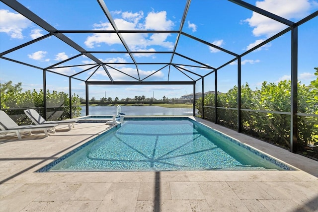 view of swimming pool with a water view, a patio, and glass enclosure