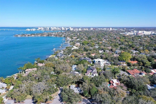 drone / aerial view featuring a water view