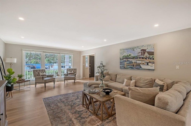 living room with ornamental molding and hardwood / wood-style flooring