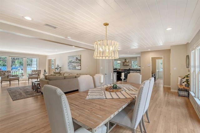 dining space featuring wood ceiling, a notable chandelier, sink, and light wood-type flooring