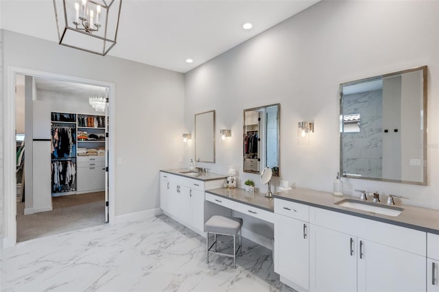 bathroom with vanity and a towering ceiling