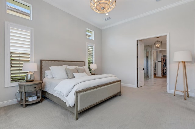 carpeted bedroom featuring crown molding