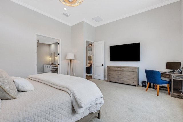 bedroom featuring crown molding and carpet flooring