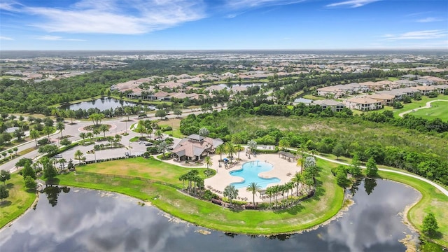 drone / aerial view with a water view