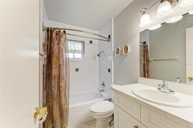 full bathroom featuring vanity, shower / tub combo, and toilet