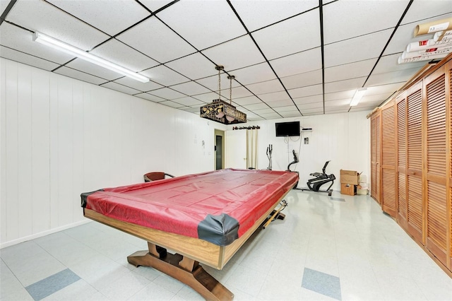 recreation room with a drop ceiling and billiards