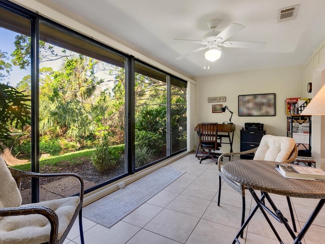 sunroom / solarium featuring a wealth of natural light and ceiling fan