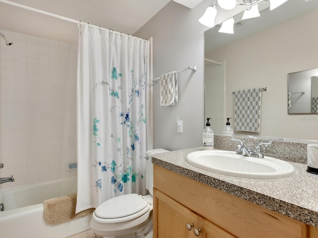 full bathroom with vanity, toilet, and shower / bathtub combination with curtain