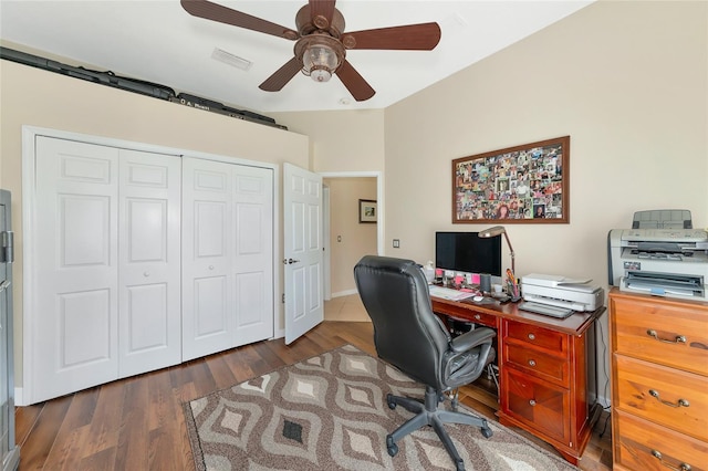 home office featuring ceiling fan and dark hardwood / wood-style flooring