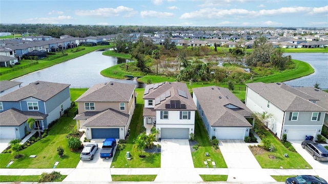 bird's eye view with a water view