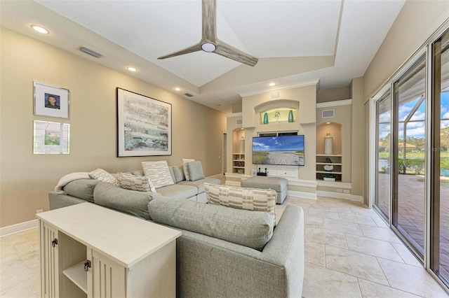 living room with built in shelves, light tile patterned floors, ceiling fan, and lofted ceiling