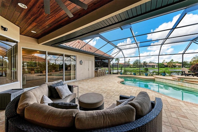 view of patio featuring an outdoor hangout area and a lanai