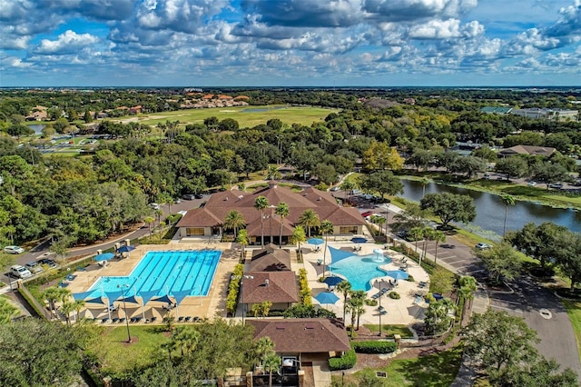 drone / aerial view featuring a water view