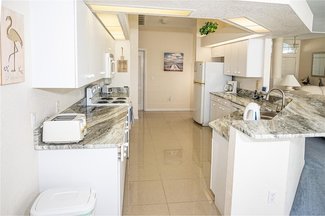 kitchen featuring kitchen peninsula, sink, white cabinetry, light stone counters, and white appliances