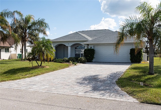 ranch-style house with a garage and a front lawn