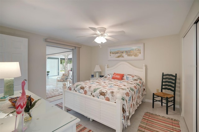 bedroom featuring ceiling fan, access to outside, and light tile patterned floors