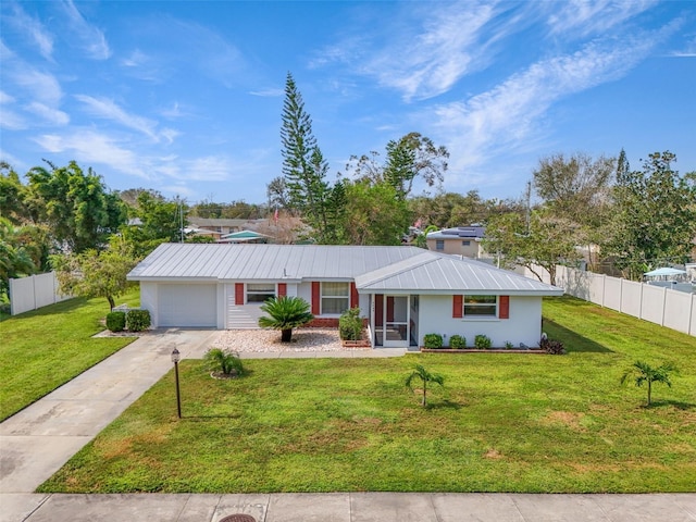 ranch-style house with a front yard and a garage