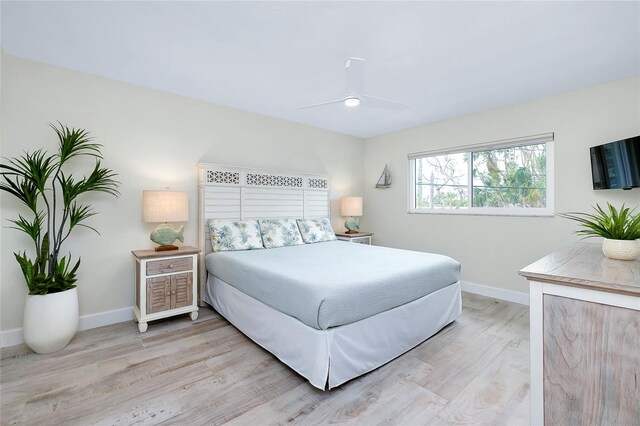 bedroom with light hardwood / wood-style flooring and ceiling fan