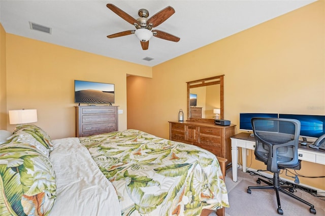 carpeted bedroom featuring ceiling fan