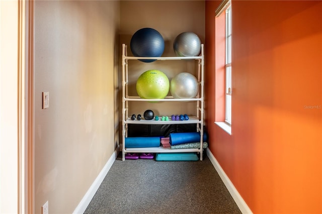 workout area with carpet floors