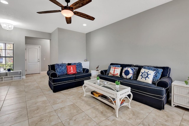 living room with ceiling fan