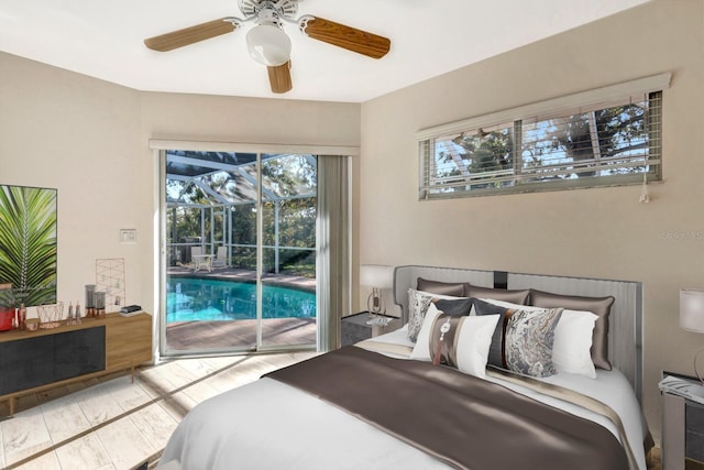 bedroom with ceiling fan, light hardwood / wood-style flooring, and access to outside