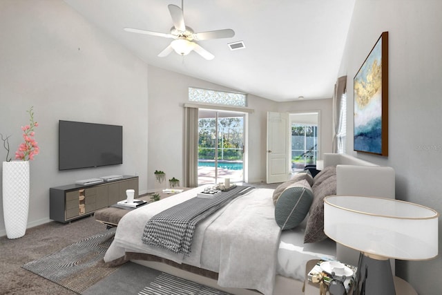 bedroom featuring ceiling fan, carpet floors, and lofted ceiling