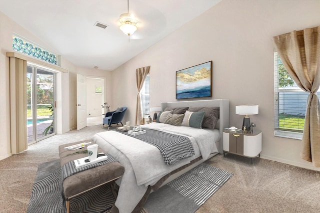 bedroom featuring vaulted ceiling, ceiling fan, light colored carpet, and access to outside