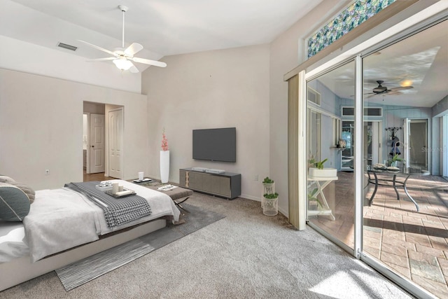 carpeted bedroom with ceiling fan, lofted ceiling, and access to outside