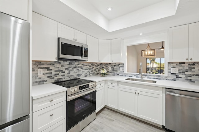 kitchen featuring backsplash, stainless steel appliances, sink, and white cabinets