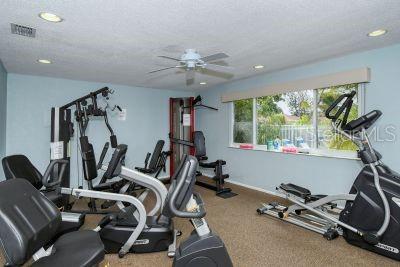 exercise area featuring a textured ceiling, carpet floors, and ceiling fan