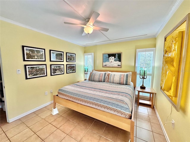bedroom featuring ceiling fan, baseboards, ornamental molding, and light tile patterned floors