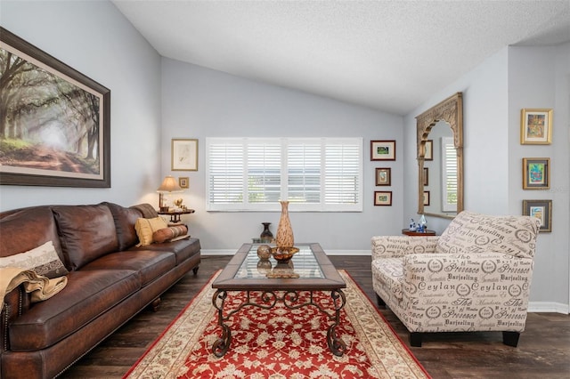 living room with a textured ceiling, lofted ceiling, and dark hardwood / wood-style floors