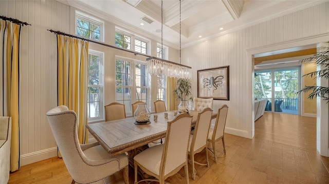 dining room featuring coffered ceiling, beamed ceiling, ornamental molding, a chandelier, and light wood-type flooring