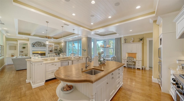 kitchen with a large island, white cabinetry, sink, and a tray ceiling