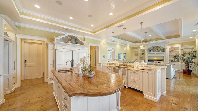 kitchen with light hardwood / wood-style flooring, a large island with sink, pendant lighting, a tray ceiling, and a breakfast bar