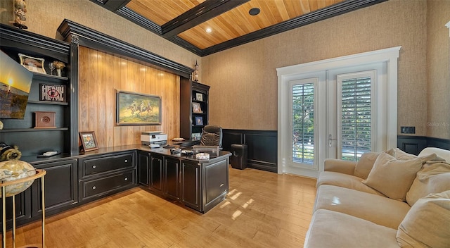 office space with beamed ceiling, light hardwood / wood-style floors, crown molding, and wooden ceiling