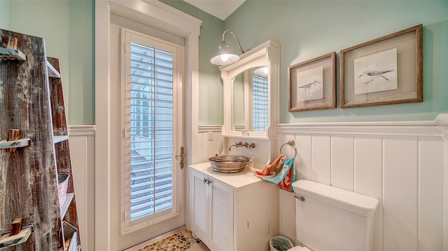 bathroom with plenty of natural light, toilet, and vanity