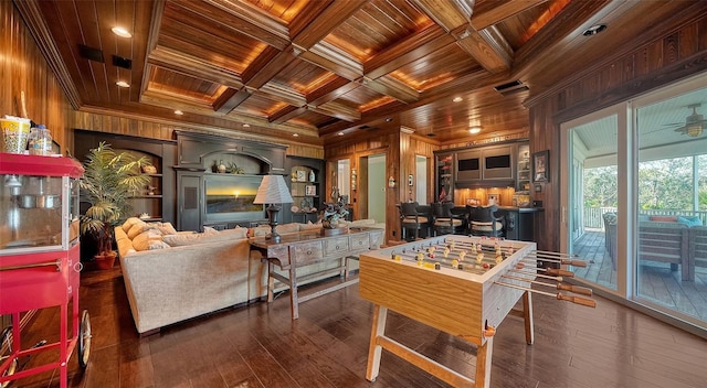 rec room with wooden ceiling, ornamental molding, wooden walls, and coffered ceiling