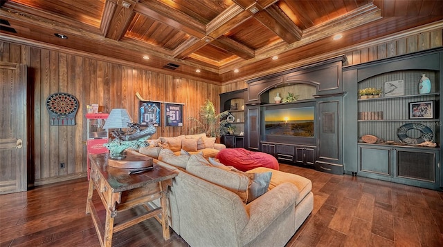 living room featuring wood walls, coffered ceiling, ornamental molding, beamed ceiling, and wood ceiling