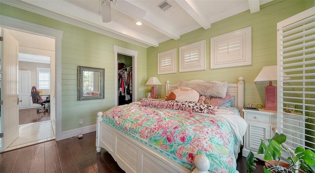 bedroom with dark hardwood / wood-style flooring, ceiling fan, a spacious closet, beamed ceiling, and a closet