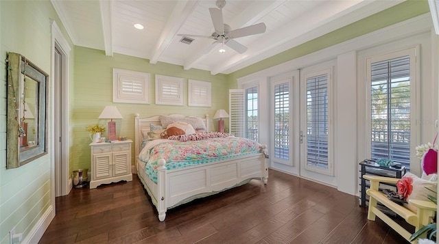 bedroom with multiple windows, beam ceiling, access to outside, and ceiling fan