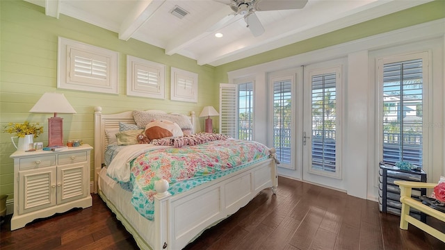 bedroom with ceiling fan, beam ceiling, access to exterior, and dark hardwood / wood-style flooring