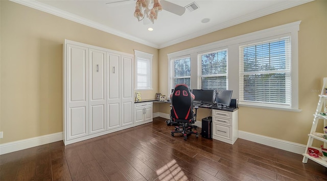 office featuring dark wood-type flooring, ceiling fan, and crown molding