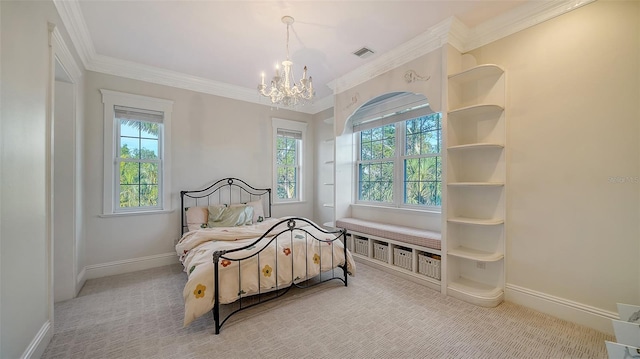 carpeted bedroom featuring multiple windows, crown molding, and an inviting chandelier