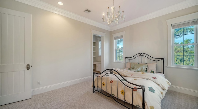 bedroom with light carpet, a chandelier, and multiple windows